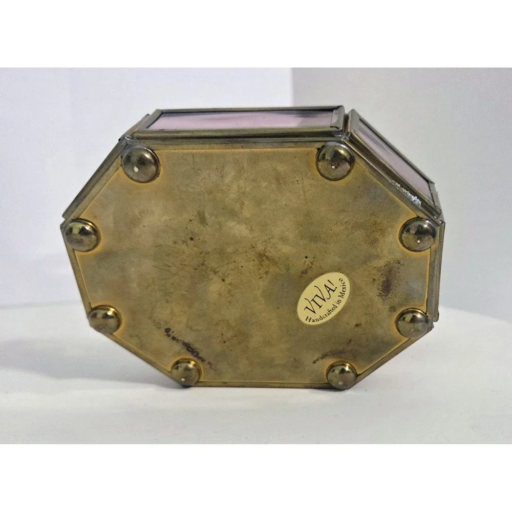 VIVA! Mexico Brass Trinket Box Hinged Purple Glass Panel Hexagonal Vintage Angel